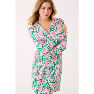 LILLY PULITZER Panda N Bow LARGE Brona Pajama Sleep Dress EUC Luxury Preppy Pink